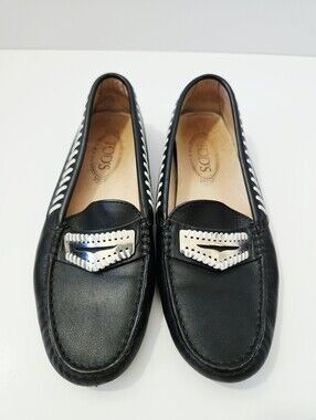 Tods Driving Loafers Size 37.5 Black Leather Slip On Shoes Drivers